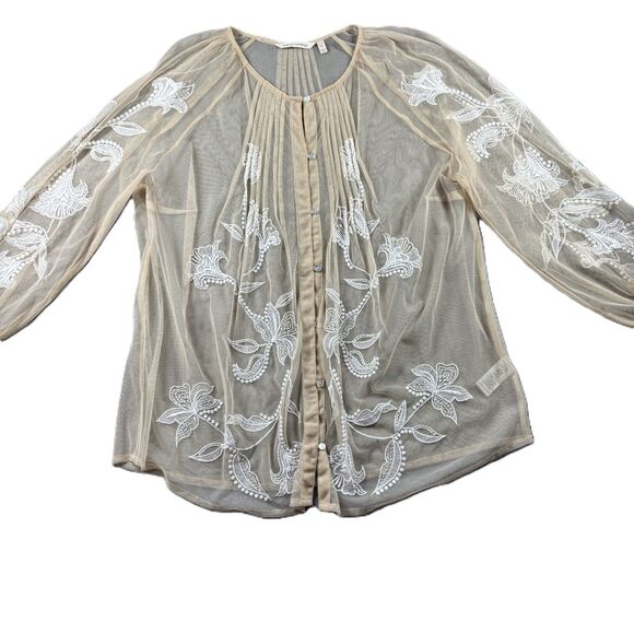 Soft Surroundings Sheer Mesh Embroidered Pleated Tunic Top Beige Size 1X H304 - Picture 1 of 8